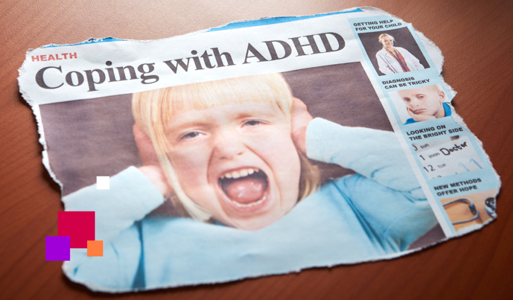 Artykuł w gazecie z nagłówkiem 'Coping with ADHD'. Zdjęcie dziecka trzymającego się za uszy i krzyczącego, symbolizujące stres związany z ADHD.