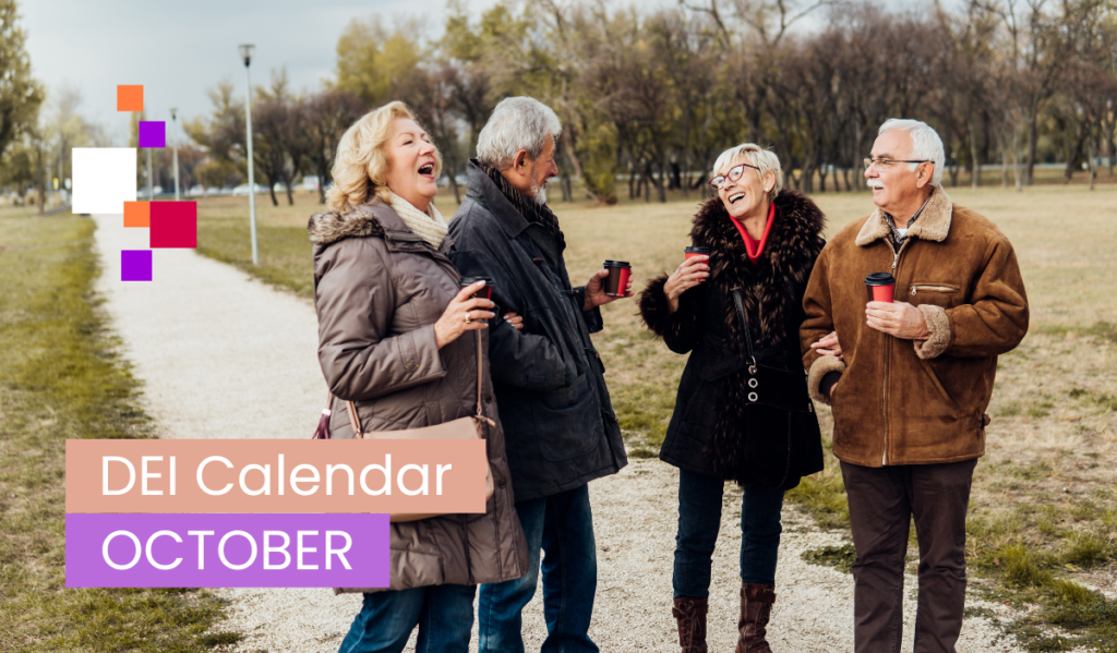 Four elderly people are walking through an autumn park, holding cups of hot drinks and laughing together. In the background, there is a path and trees with falling leaves.