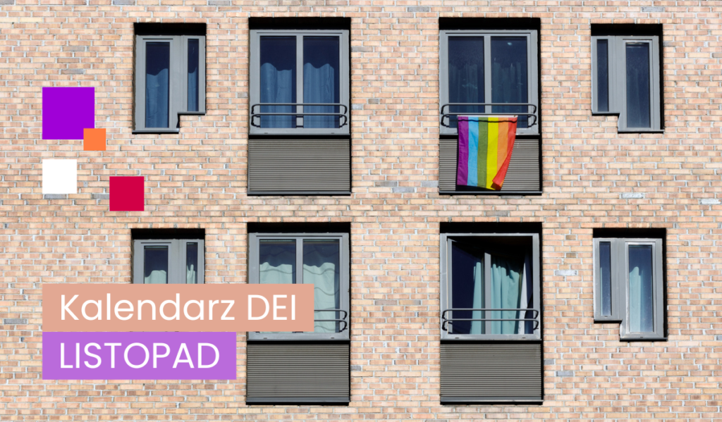 Budynek z cegły z oknami, jedno z okien udekorowane tęczową flagą symbolizującą wsparcie dla społeczności LGBTQ+.